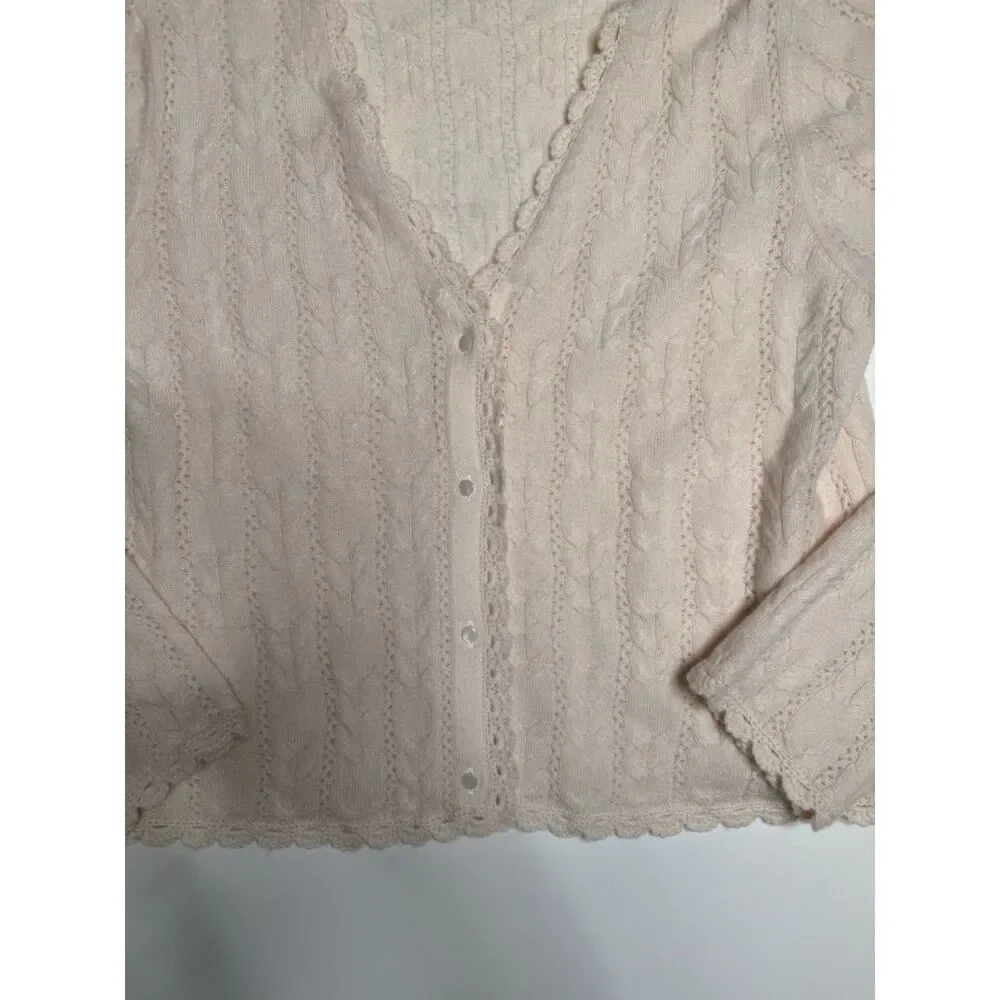 House of Harlow 1960 Women L Cashmere Cable Knit Cardigan Ivory Crochet Trim
